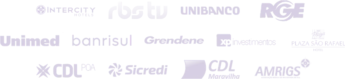 Logos de empresas atendidas: Intercity Hotéis, RBS TV, Unibanco, RGE, Unimed, Banrisul, Grendene, XP Investimentos, Plaza São Rafael, CDL POA, Sicredi, CDL Maravilha, Amrigs